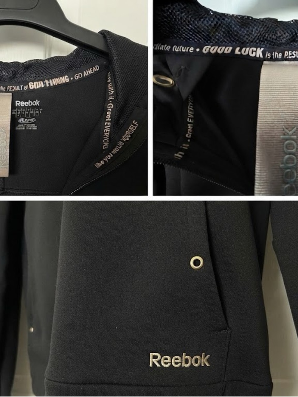 Reebok Black & Gold PlayDry Active Zip-Up Hoodie with Positive Affirmations